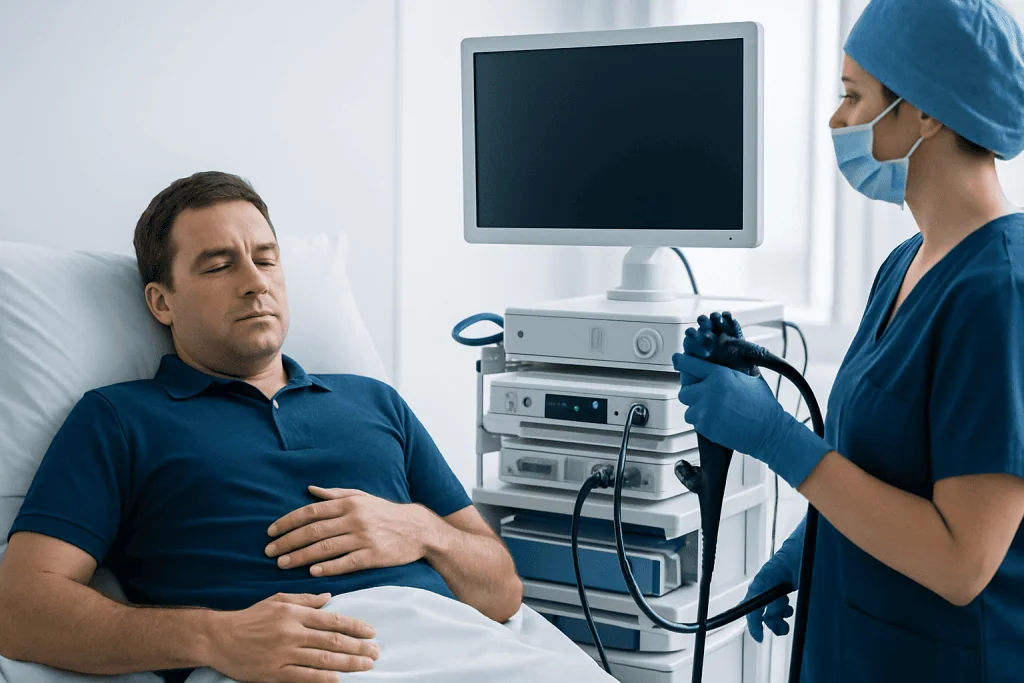 Doctor preparing for endoscopy procedure on patient in hospital room.