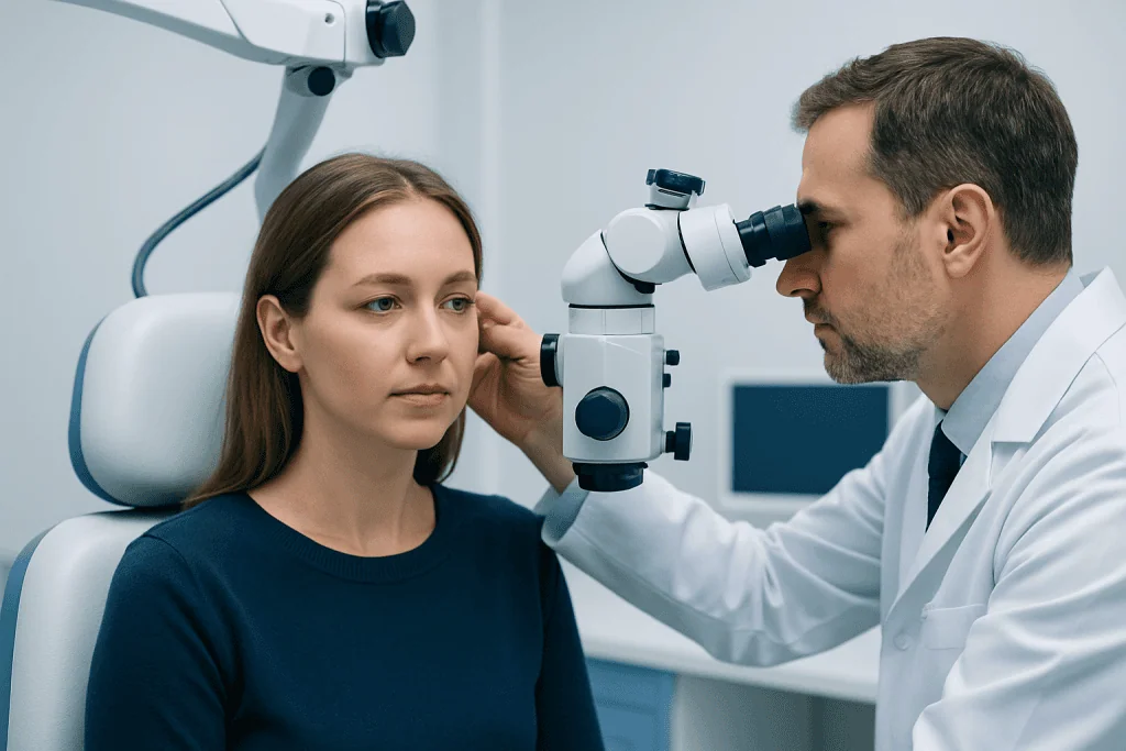 Otolaryngologist examining patient's ear with a microscope in clinic.