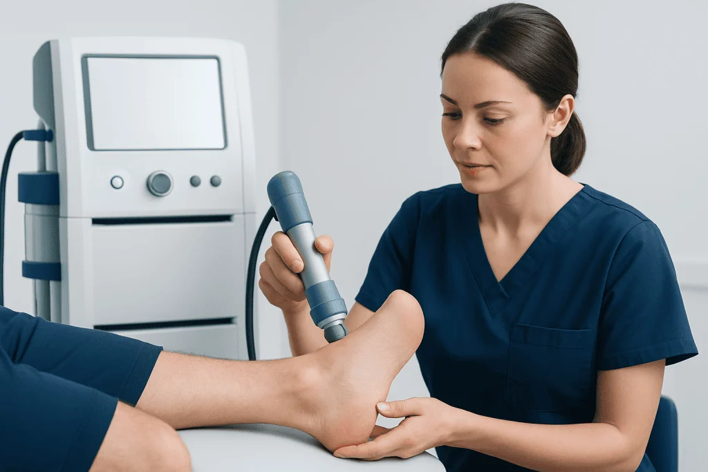 Medical professional performing ultrasound on patient's ankle for heel spurs diagnosis.
