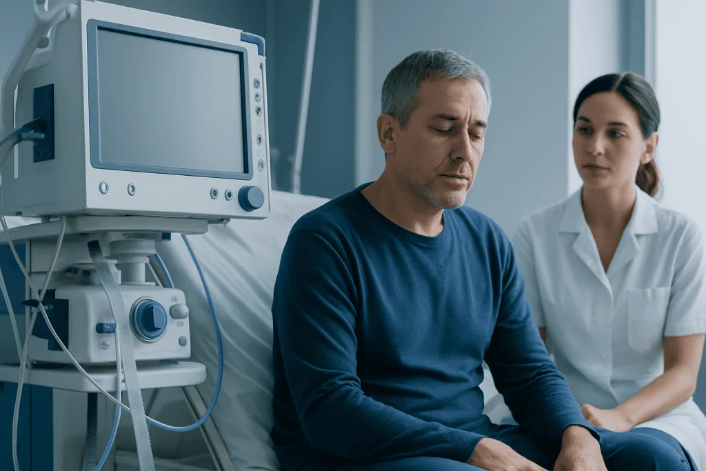 Patient in hospital bed with medical monitor and healthcare professional nearby.