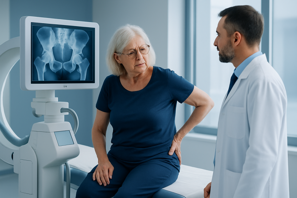 Doctor discussing hip X-ray with elderly patient in hospital.