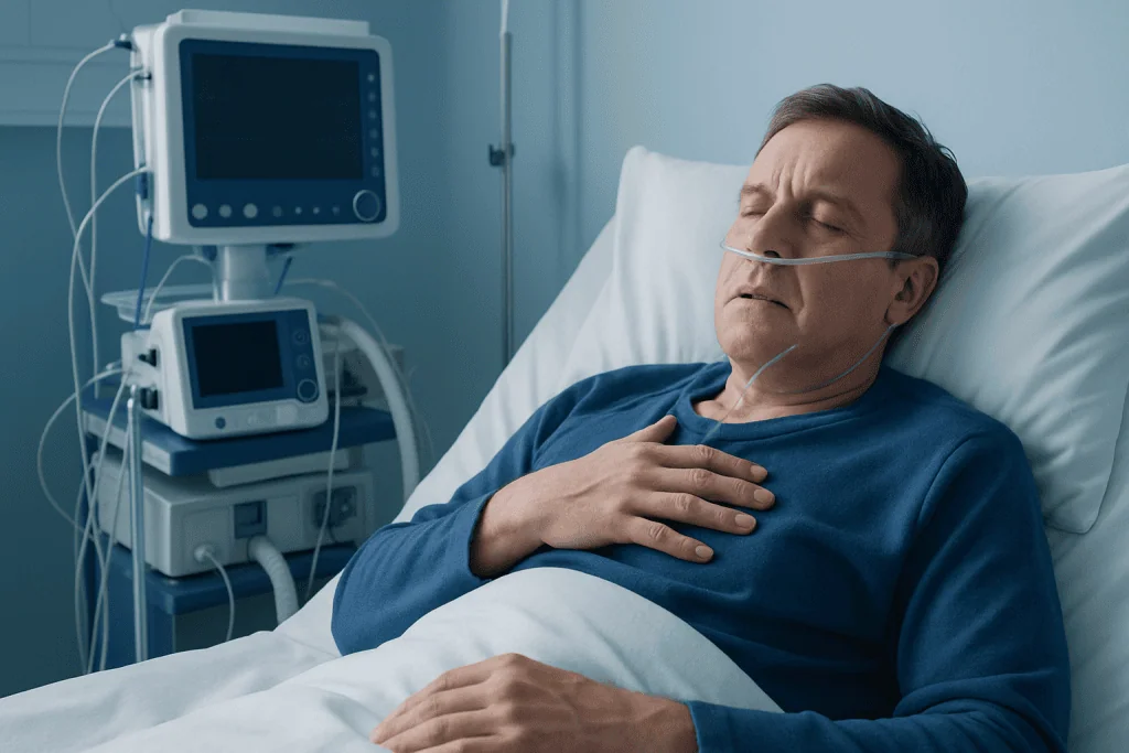 Patient in hospital bed with oxygen tube and medical monitors nearby.