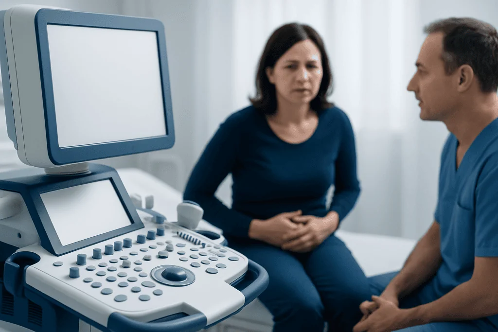 Doctor consulting a patient with ultrasound equipment in a medical office.