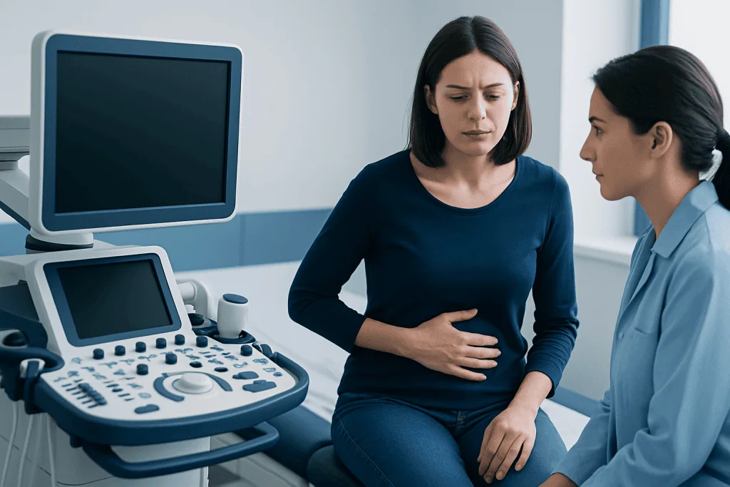 Woman experiencing abdominal pain during medical consultation at Acibadem Hospital.