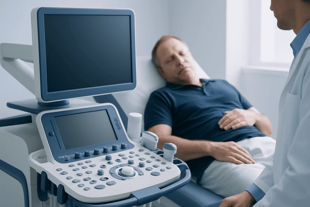 Patient undergoing ultrasound examination in hospital setting.