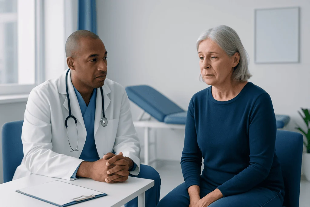 Doctor consulting with an elderly female patient in a medical office.