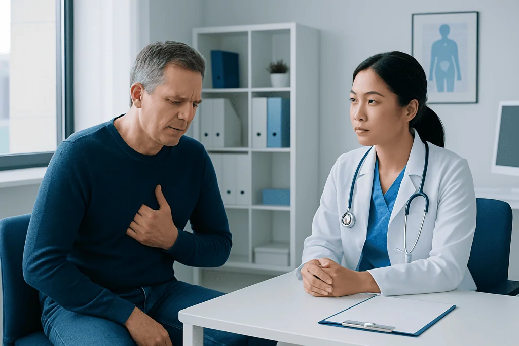 Patient experiencing chest pain during medical consultation at Acibadem Hospital.