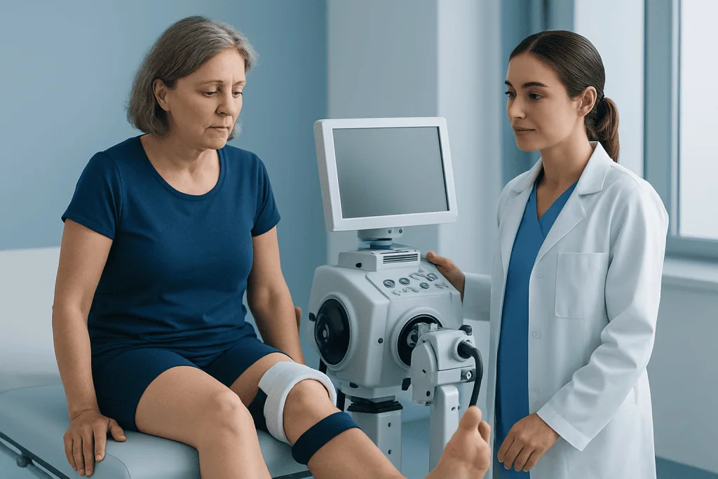 Doctor examines patient's knee with ultrasound in hospital setting.