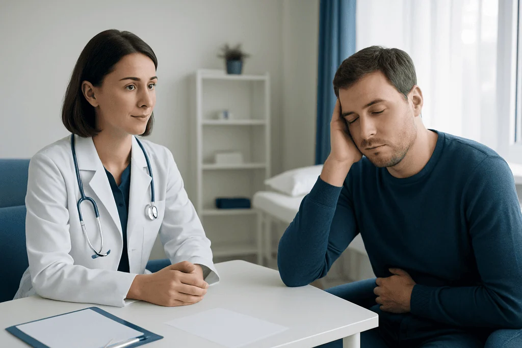 Doctor consulting with a patient feeling unwell in a medical office.