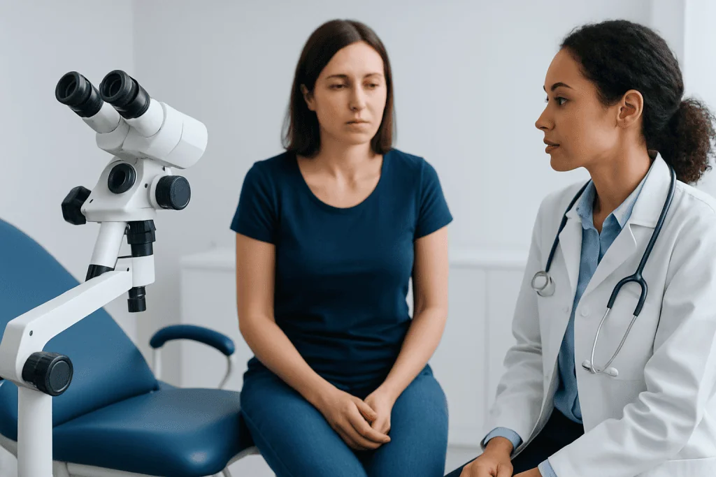 Doctor consulting with a patient in a medical examination room.