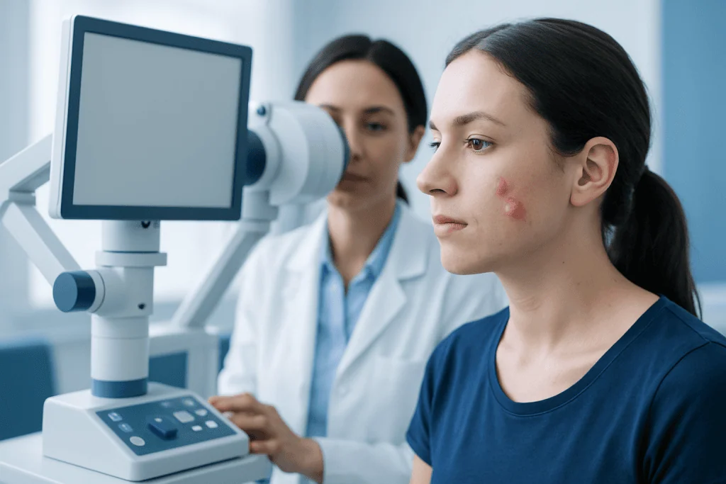 Dermatologist examining a young woman's face with acne using a slit lamp.