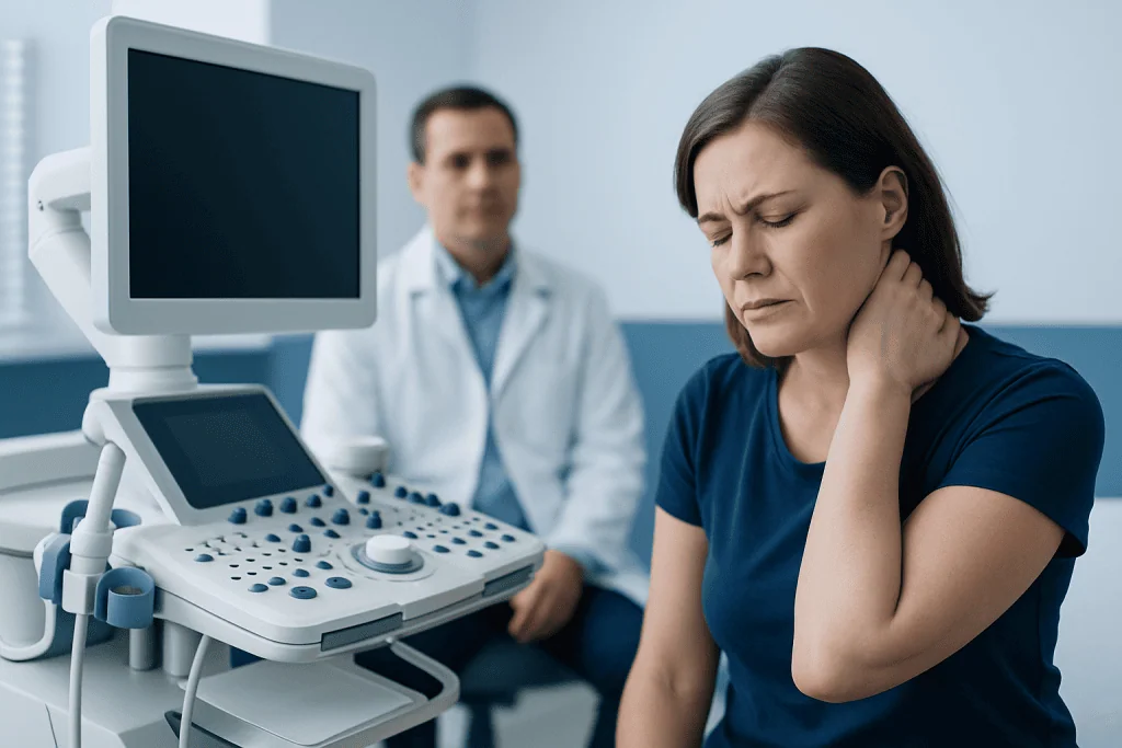 Woman experiencing neck pain during a medical consultation at Acibadem Hospital.