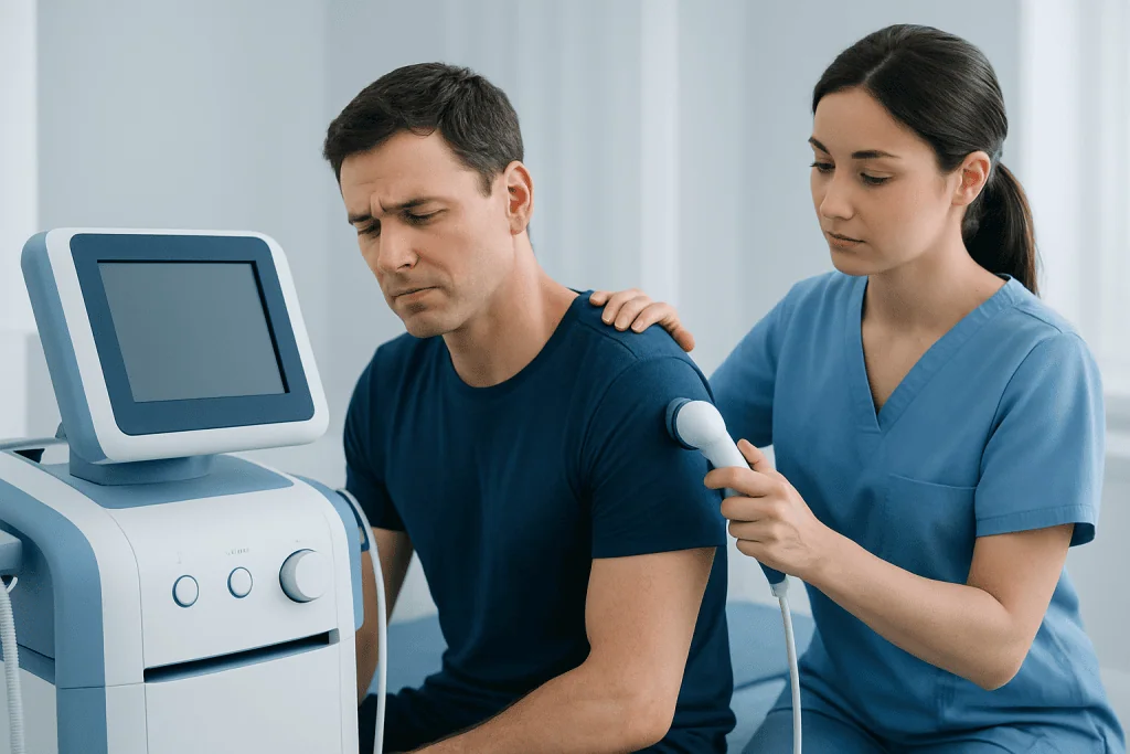 Medical professional performs ultrasound on patient's shoulder for diagnosis.