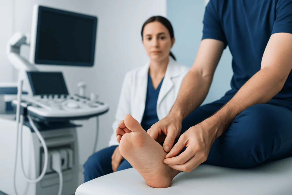 Doctor examining patient's foot in a medical consultation setting.