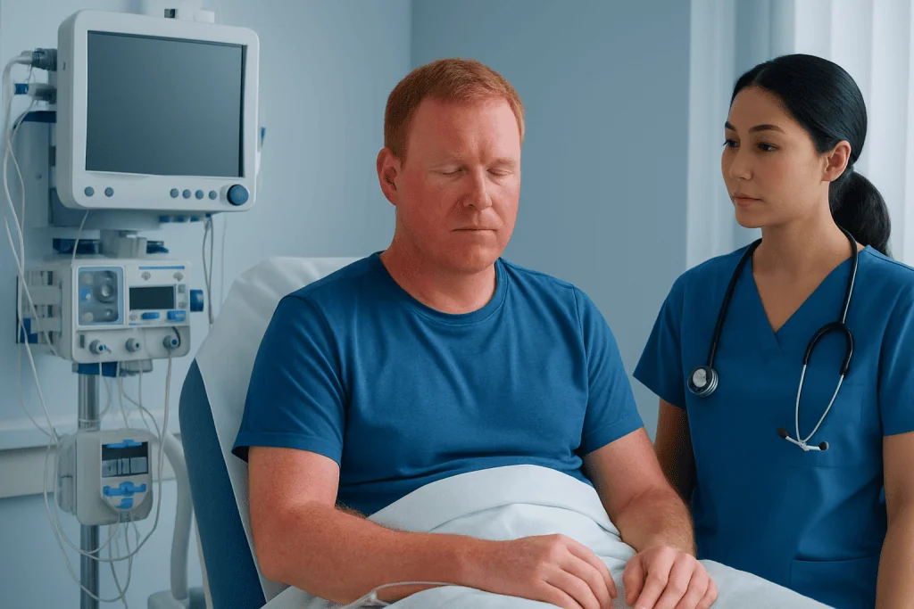 Patient in hospital bed with nurse in medical setting.