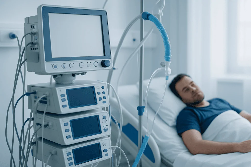 Patient in hospital bed connected to medical ventilator equipment.
