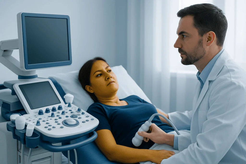 Doctor performing an ultrasound on a female patient in a hospital room.