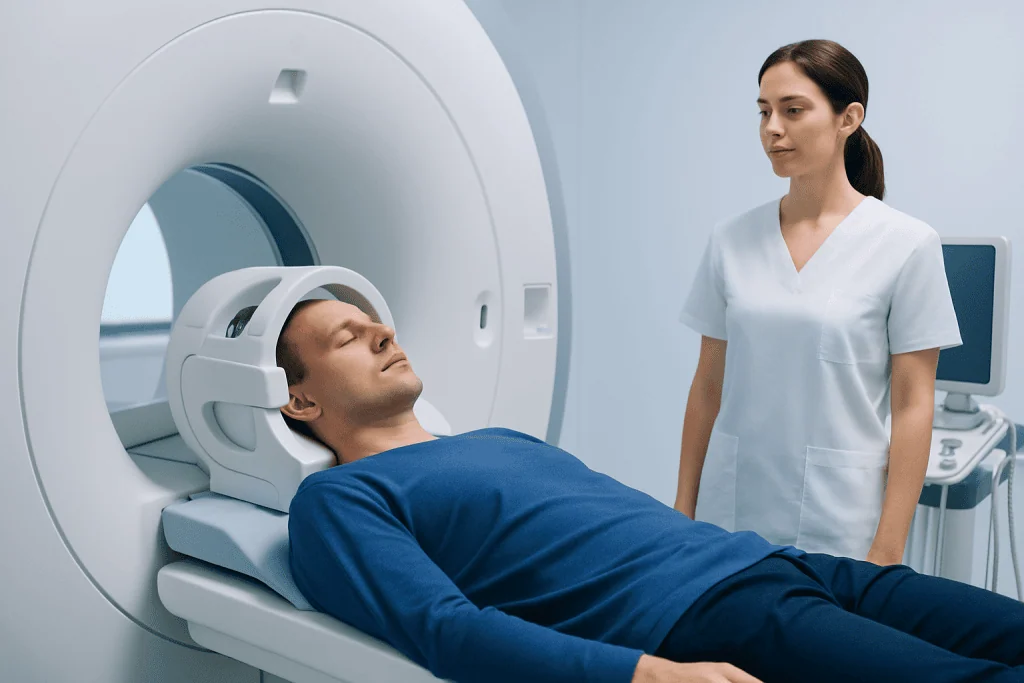 Patient undergoing MRI scan at Acibadem Hospital with medical staff present.