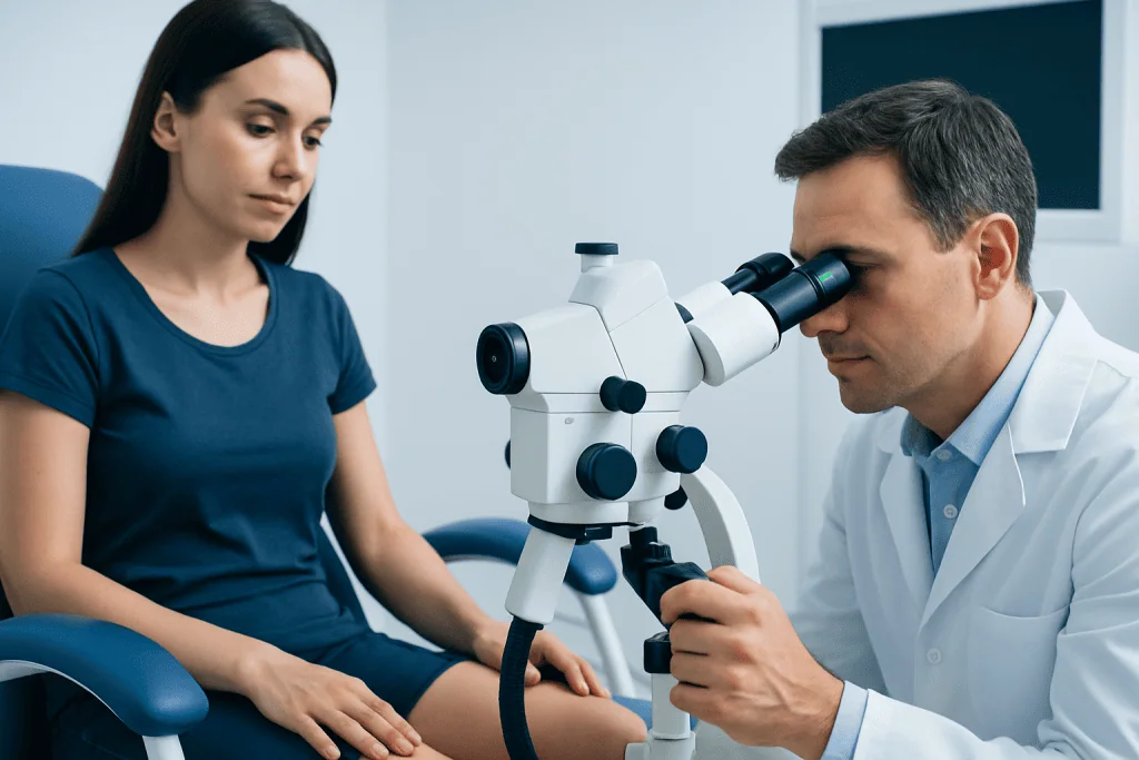 Doctor examining patient's eye with a microscope in a clinical setting.