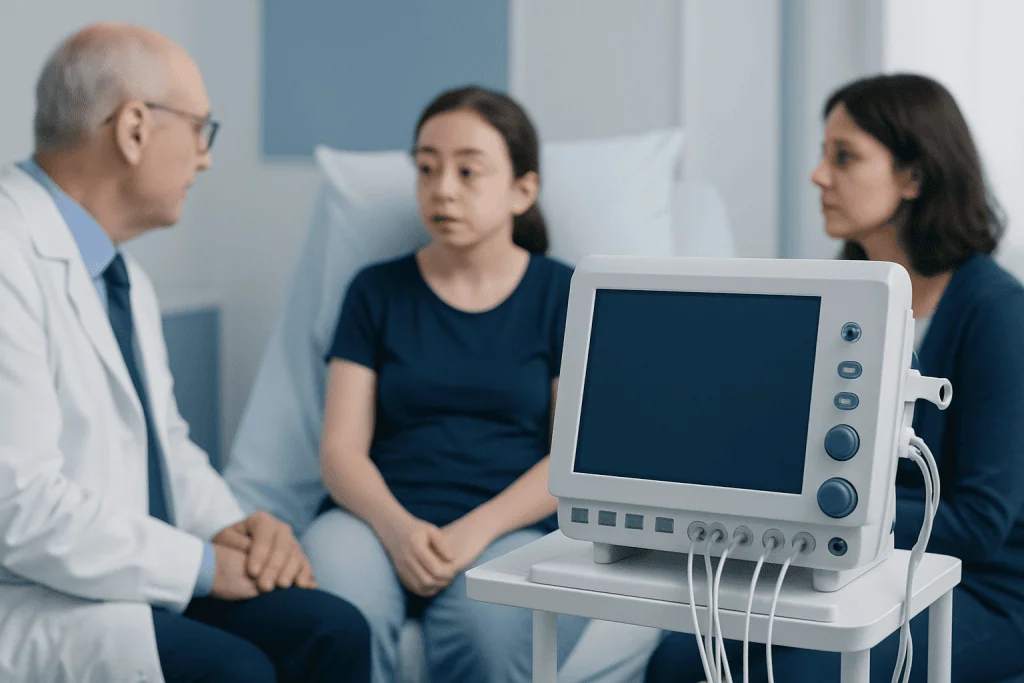 Pediatric consultation at Acibadem Hospital with doctor, patient, and parent.