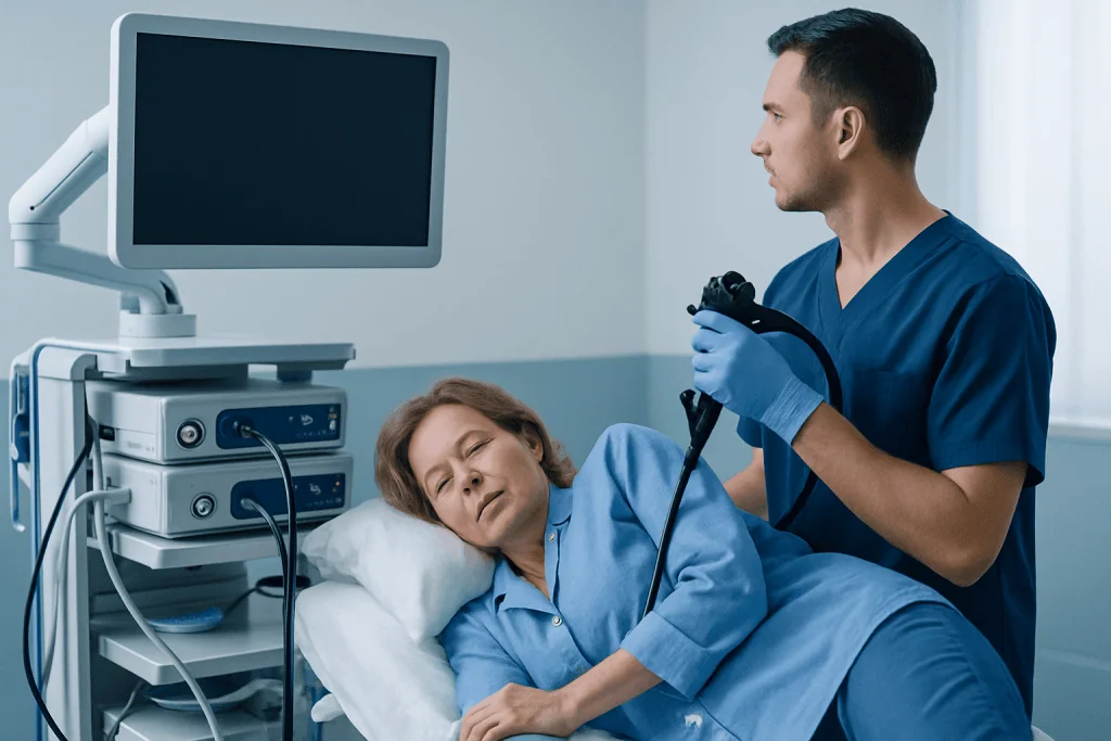 Doctor performing a colonoscopy on a patient in a hospital setting.