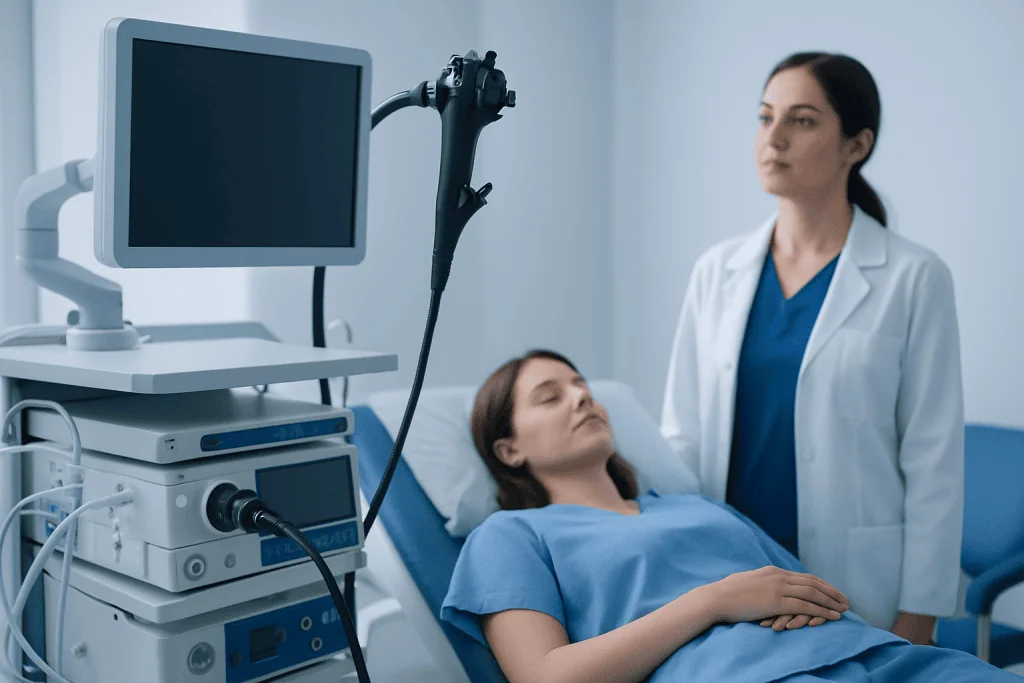 Medical examination room with patient and doctor, ultrasound equipment in background.