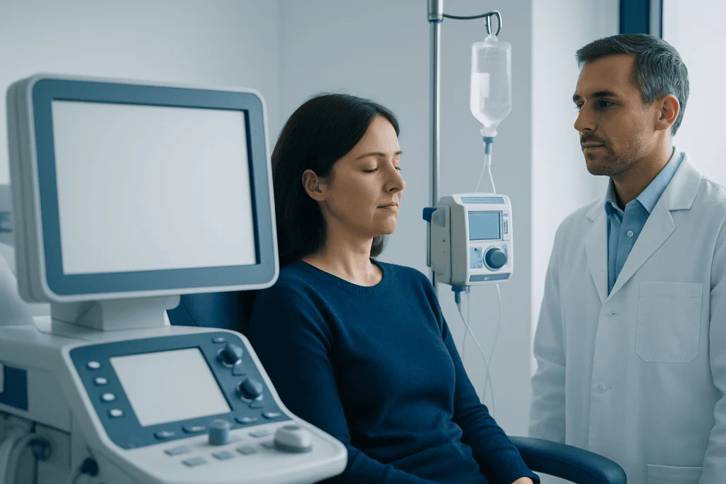 Doctor consulting patient in a medical examination room at Acibadem Hospitals.
