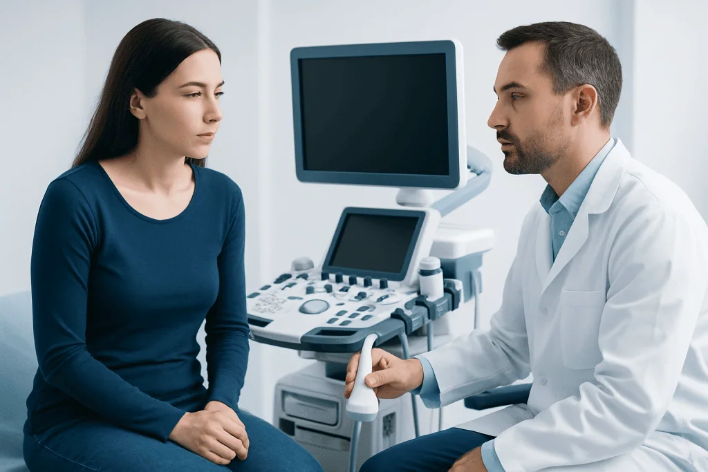 Doctor explaining uterine health to a patient in a medical consultation room.