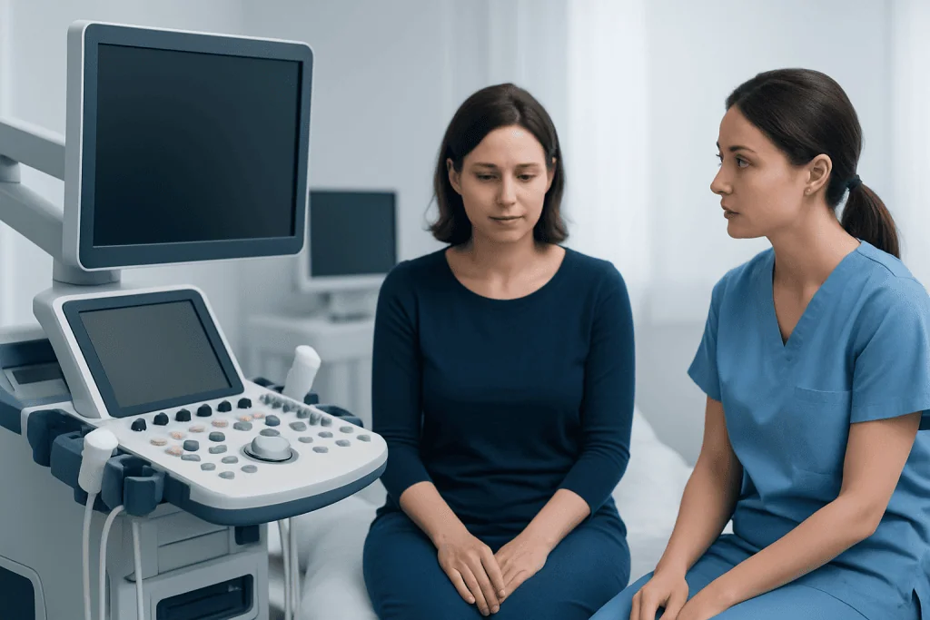Doctor consulting a patient in a medical examination room.