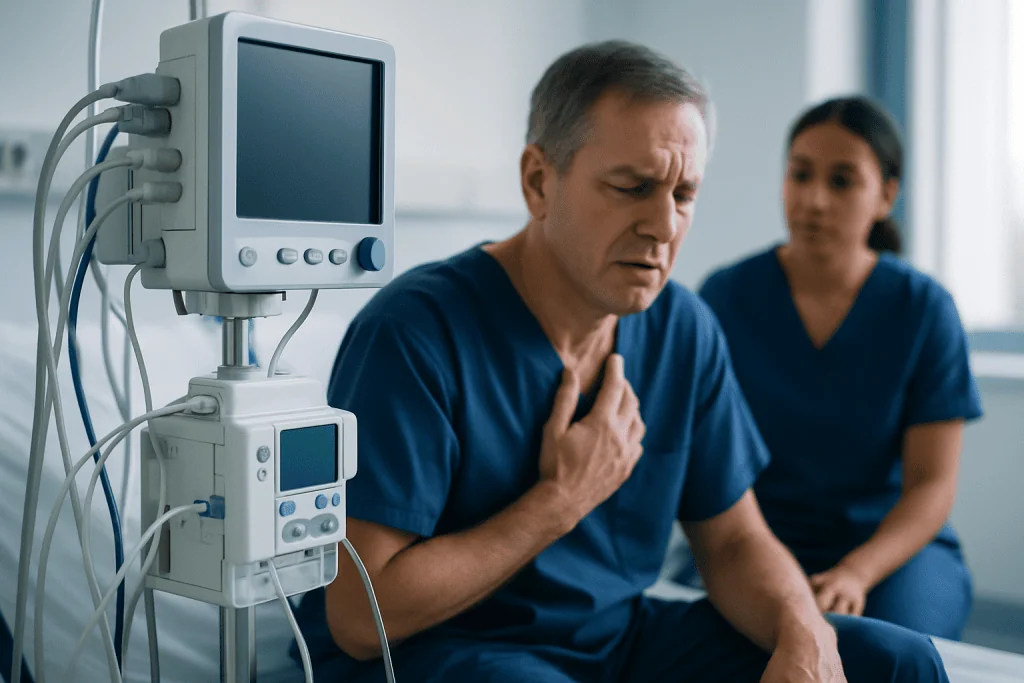 Patient experiencing chest pain in hospital with medical staff nearby.