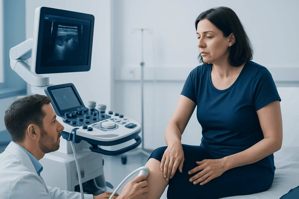 Doctor performing an ultrasound on a woman's knee in a medical clinic.