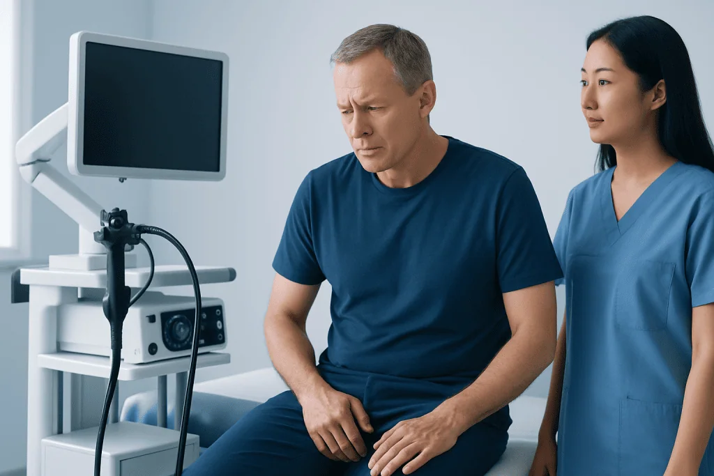 Doctor performing a rectal examination on a patient in a clinical setting.