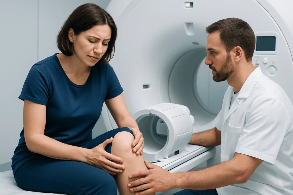 Patient experiencing knee pain during MRI scan at Acibadem Hospital.