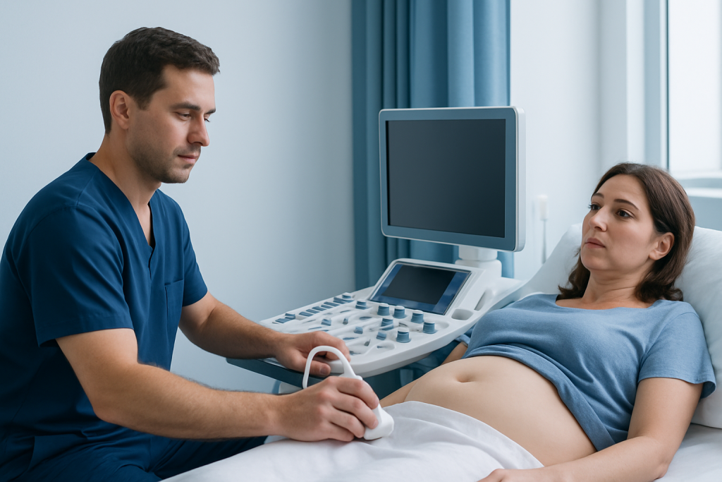 Doctor performing ultrasound on pregnant woman in hospital room.