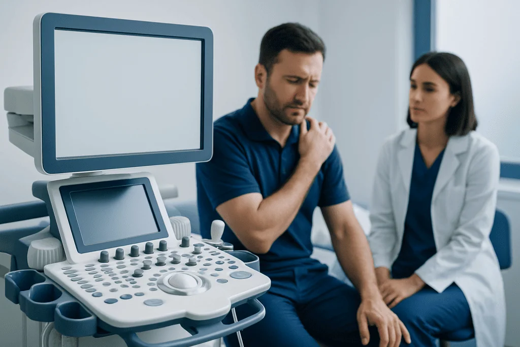 Patient experiencing shoulder pain during medical consultation at Acibadem Hospital.