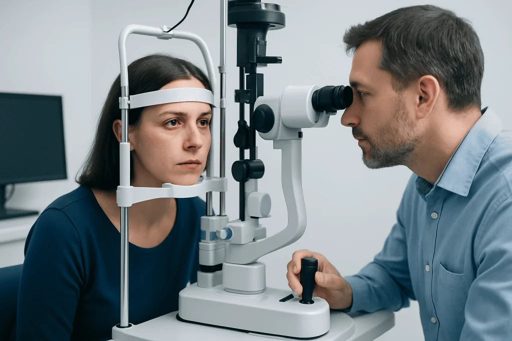 Optometrist examining patient's eye with slit lamp in clinic.