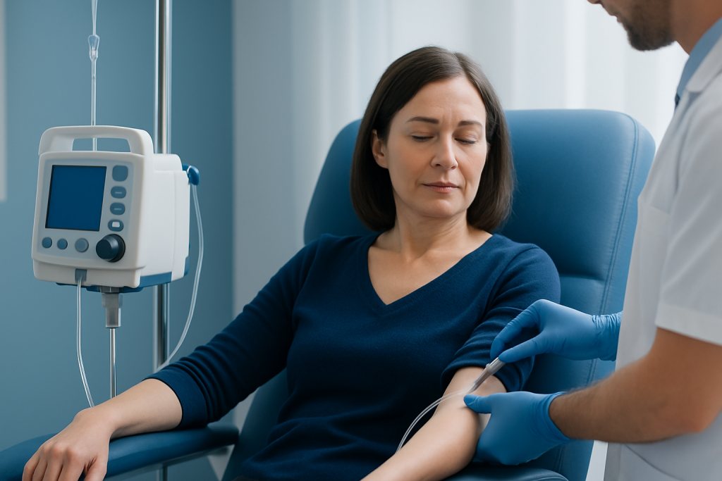Patient receiving IV treatment at Acibadem Hospital for anemia management.