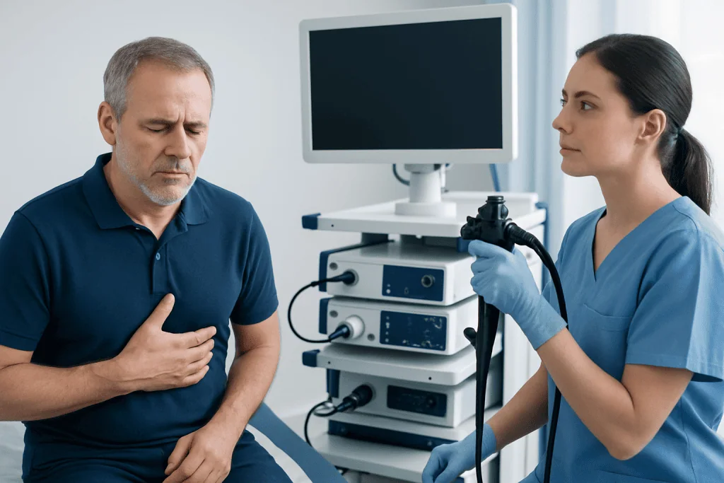 Doctor performing endoscopy on a patient with chest pain.