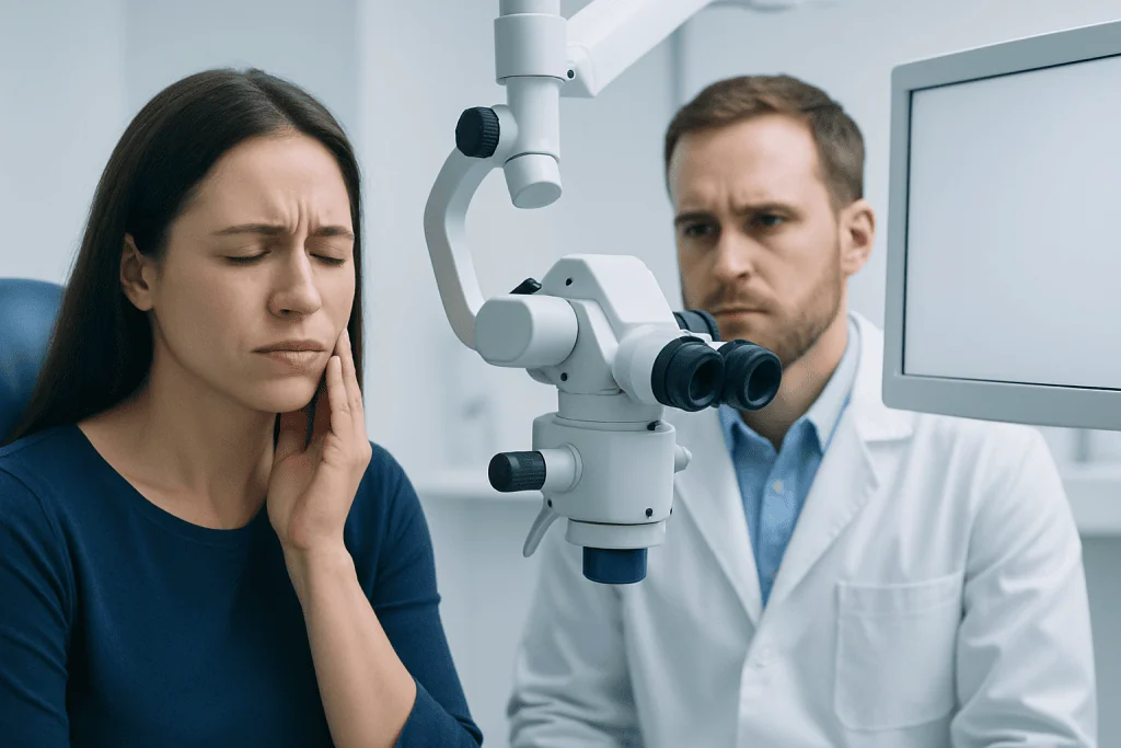 Dentist examines patient's oral health with a microscope in a clinical setting.