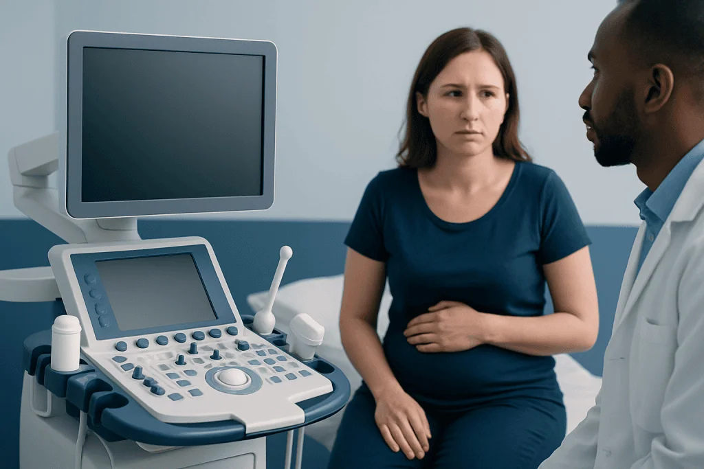 Patient consulting with doctor during ultrasound examination at Acibadem Hospital.