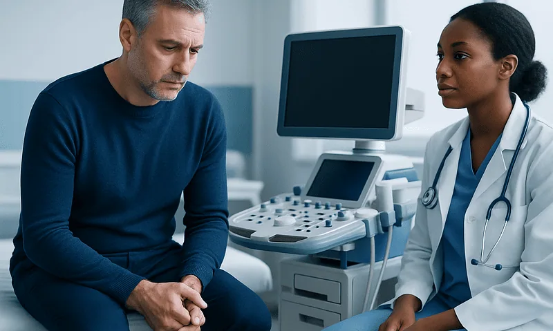Doctor consulting with male patient in a medical examination room.