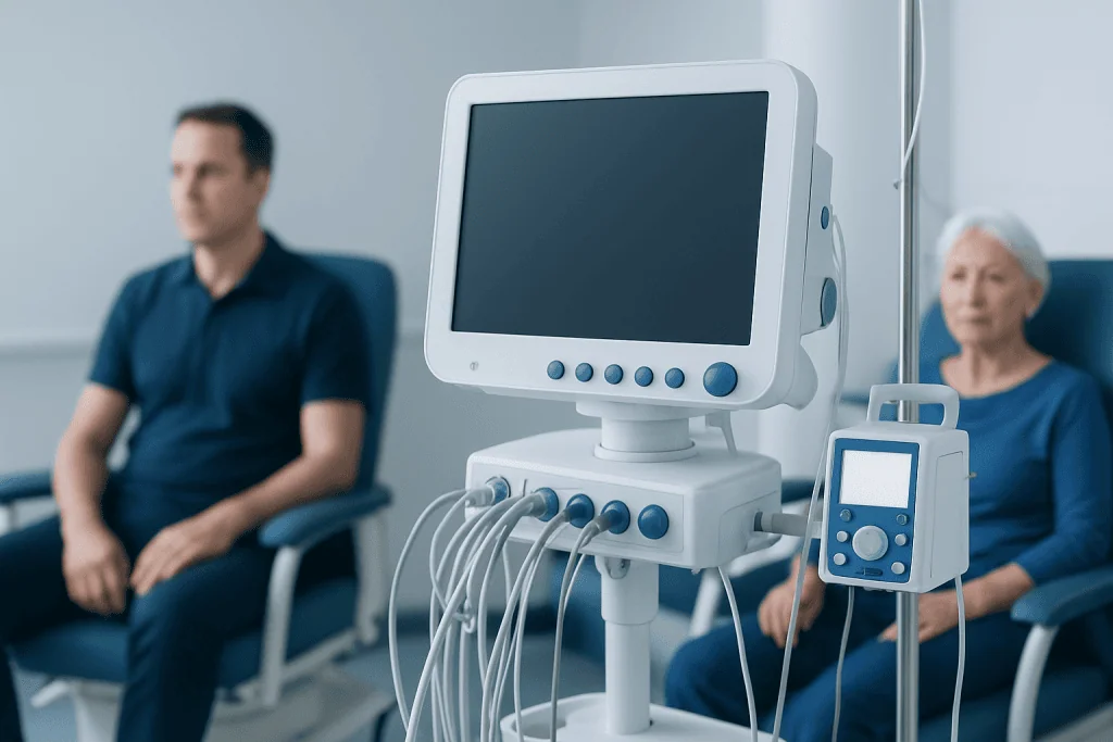 Medical monitoring equipment in a hospital room with two patients.