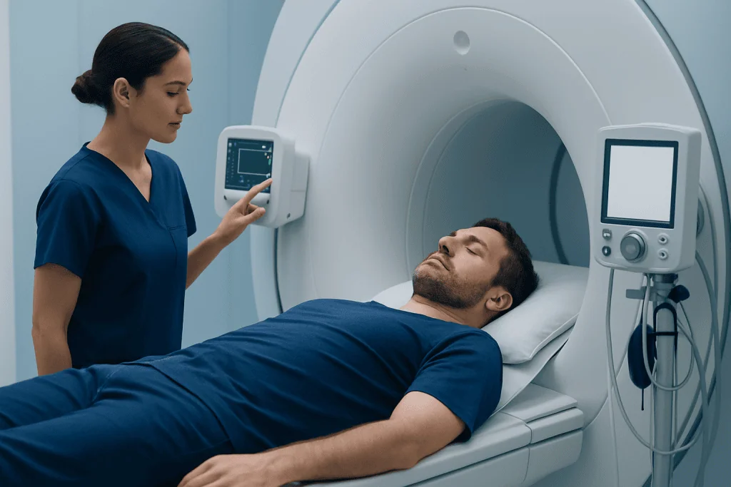 Medical technician operating MRI machine in hospital setting.