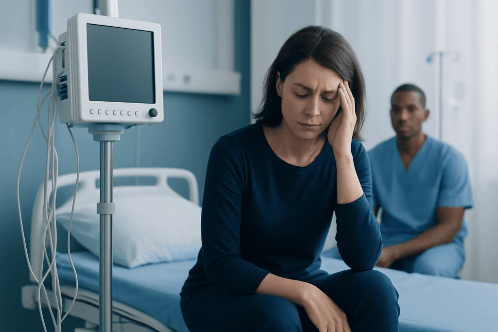 Woman in hospital experiencing stress, with a doctor in the background.