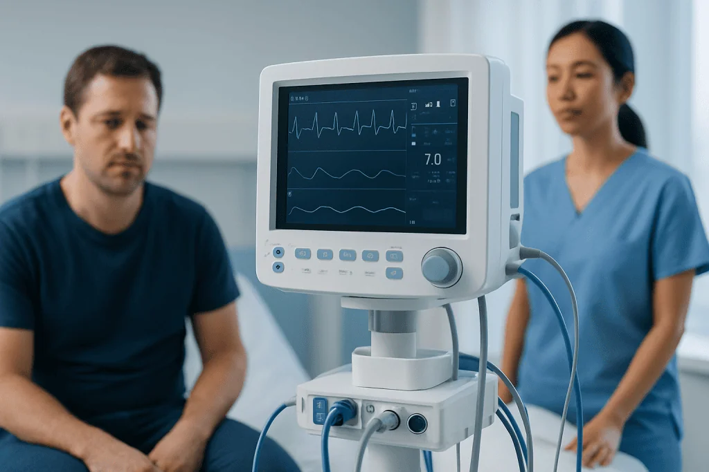 Patient monitored with ECG machine in a hospital setting.