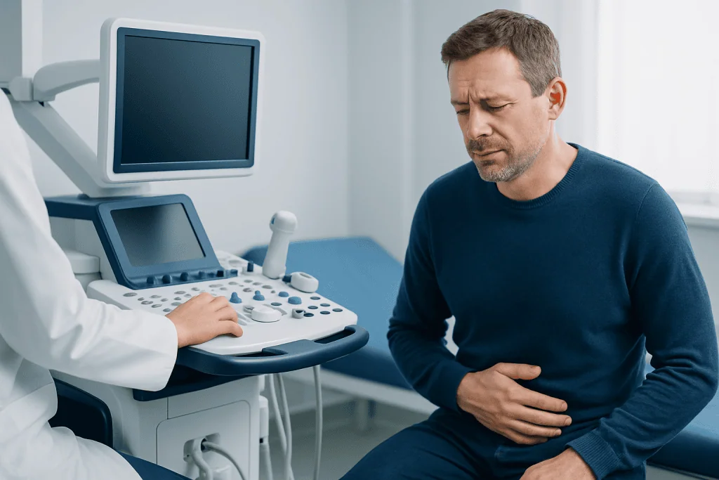 Man experiencing stomach pain during medical examination at hospital.