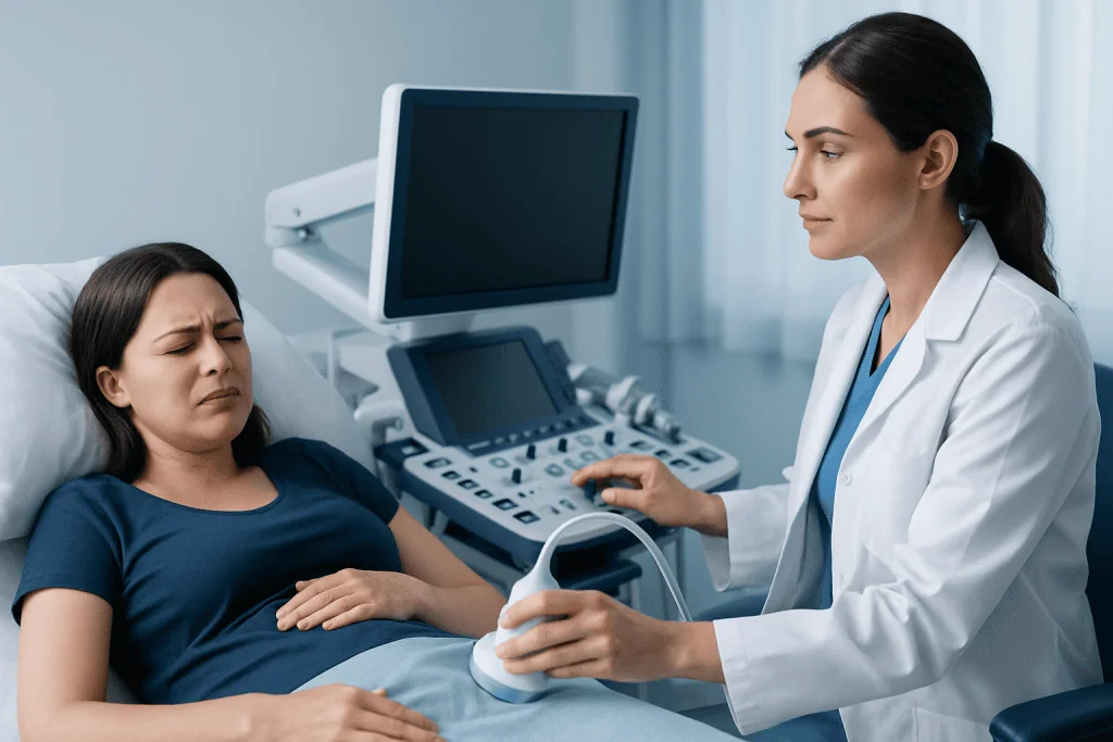 Doctor performing ultrasound on a patient in a hospital room.