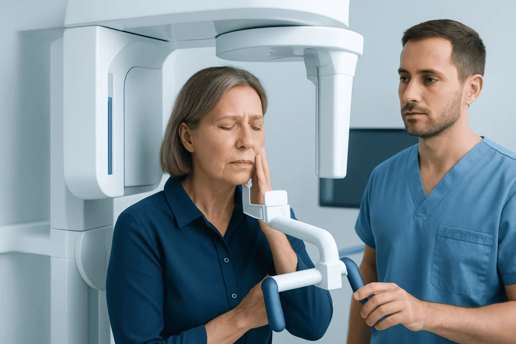 Woman undergoing dental X-ray scan at a medical facility.