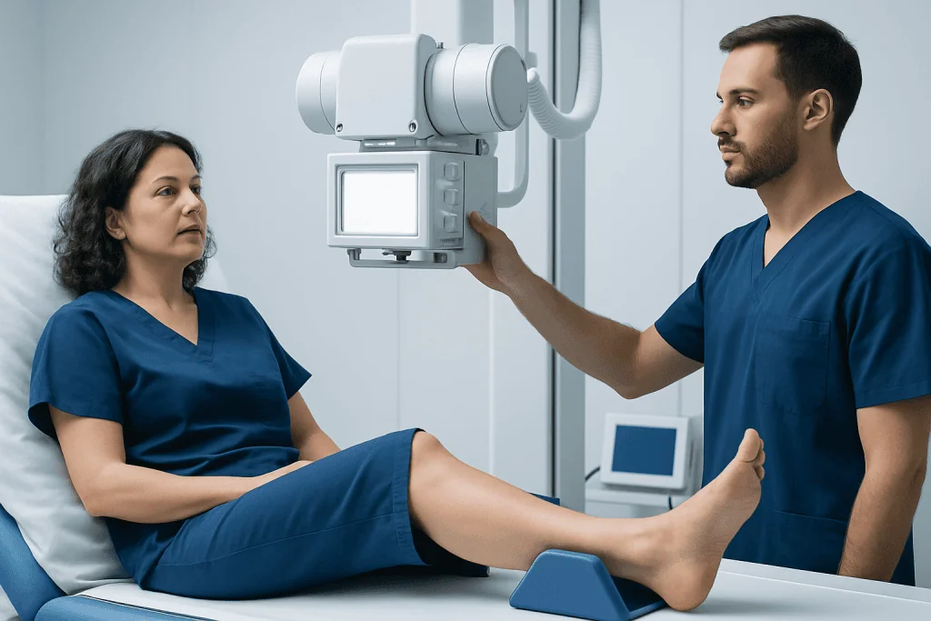 Medical professional performing an X-ray on a patient with a leg injury.