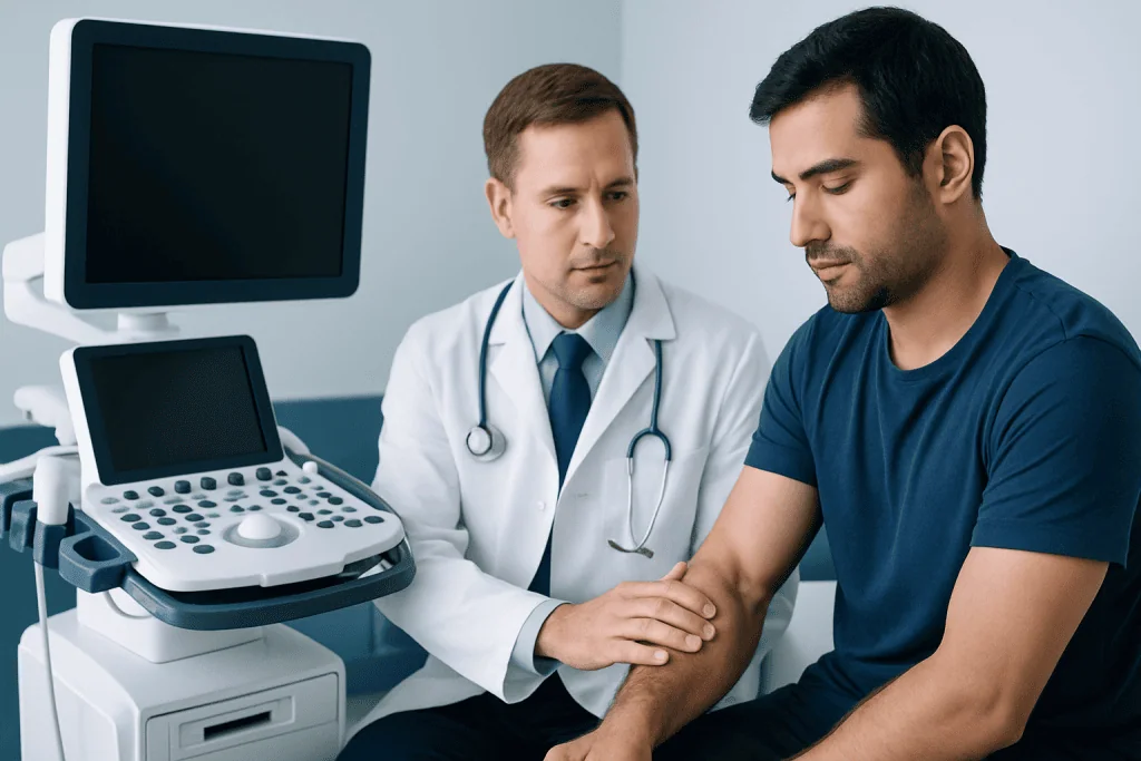 Doctor examining patient's arm with ultrasound machine in clinic.